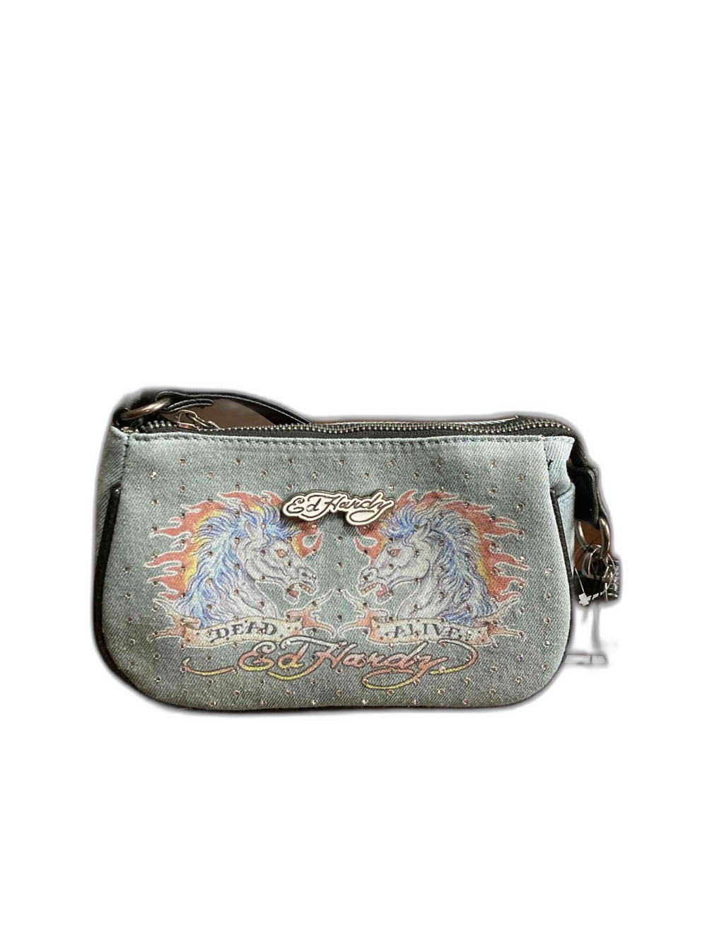 Ed Hardy “Dead Or Alive “ Leather & Denim Horse Heads Flame & Rhinestones Bag